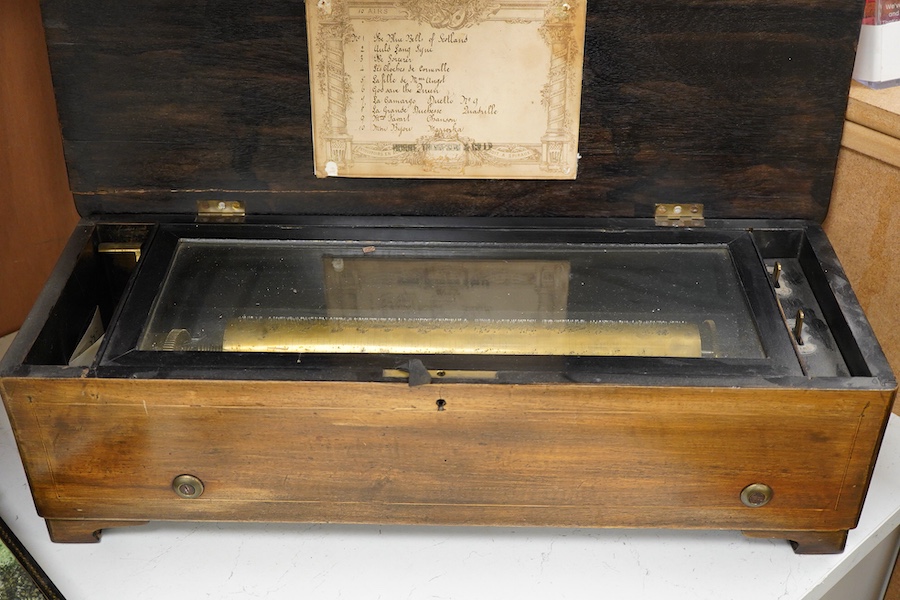 A late 19th century Swiss rosewood and marquetry cased cylinder music box, playing 10 airs, 56cm wide
